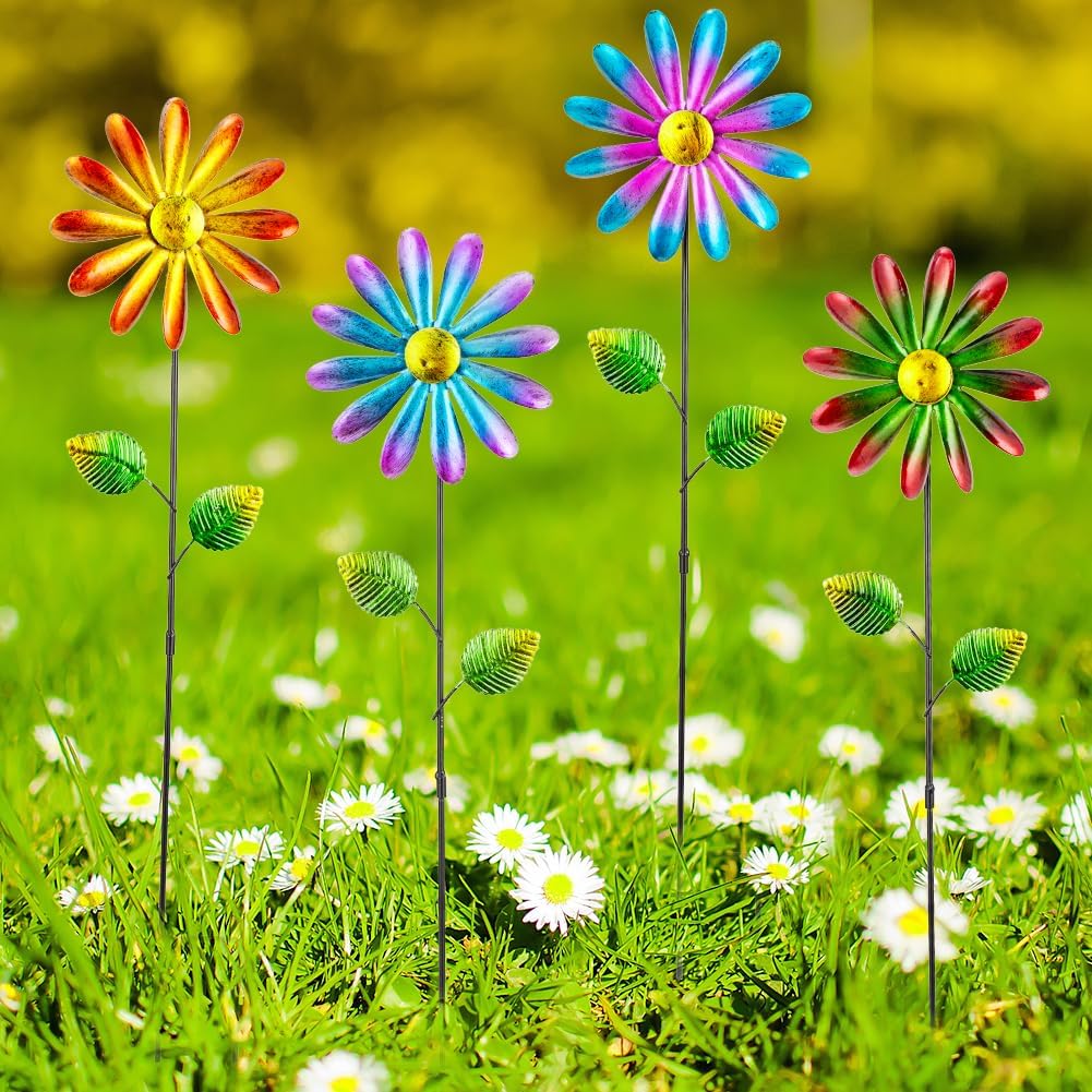 DREAMYSOUL 4 Packs Metal Flowers Wind Spinners Outdoor, Pinwheel Decorative Garden Stakes, Metal