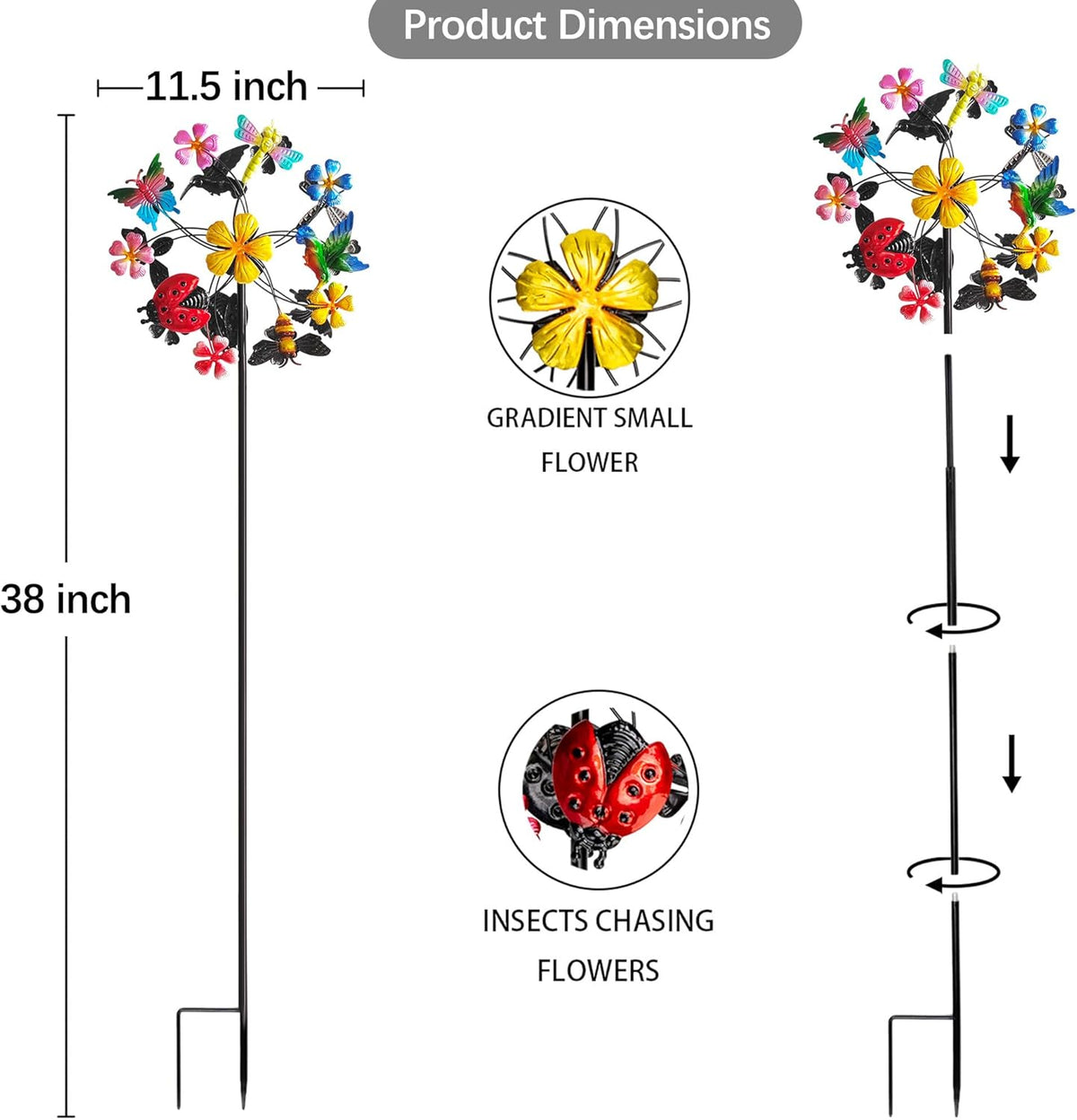 Flower Wind Spinners Outdoor, Metal Windmill with Hummingbirds, Butterflies and Bees, Pinwheels for