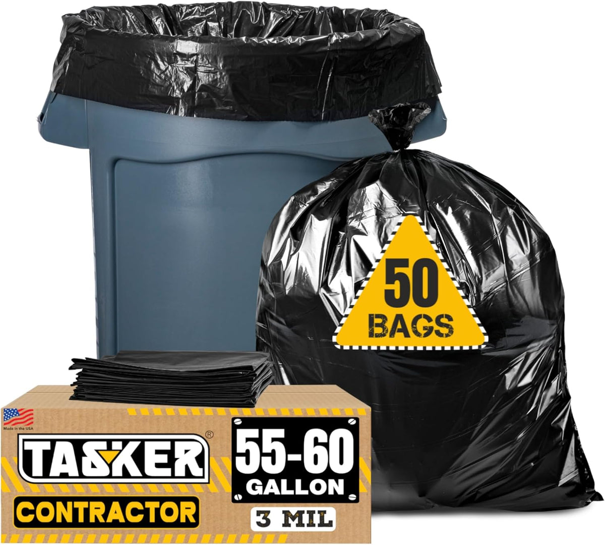 Tasker Contractor Garbage Bags 55 Gallon, 3 Mil Black Contractor Garbage Bag (50 Bags w/Ties) Large