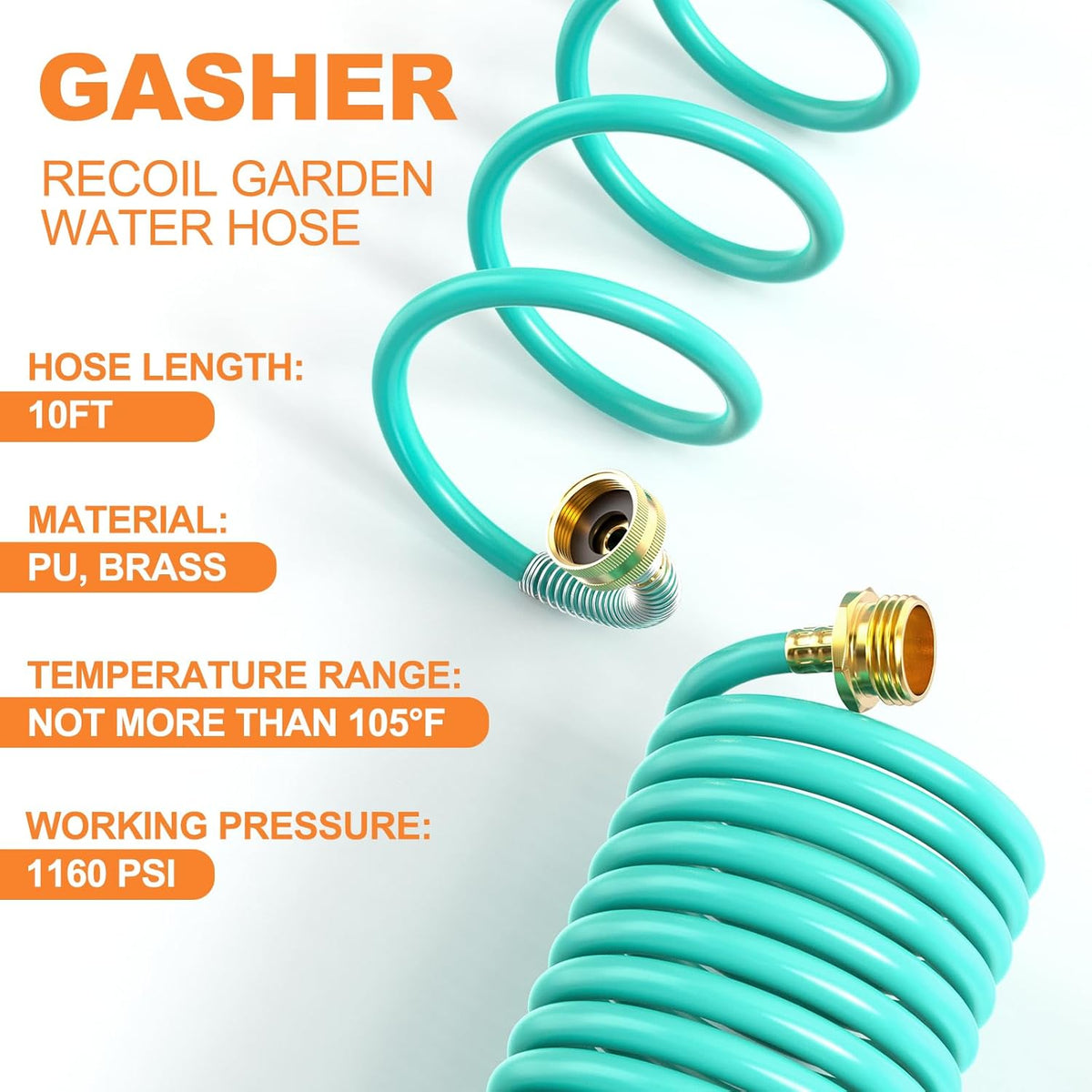 GASHER 10FT PU Recoil Garden Water Hose with 3/4"Inch Brass Fittings Retractable, Swivel Female for