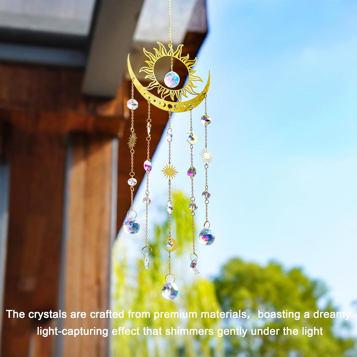 H&D HYALINE & DORA Sun and Moon Suncatcher Crystal Wind Chimes for Hanging Outdoor Indoor Glass
