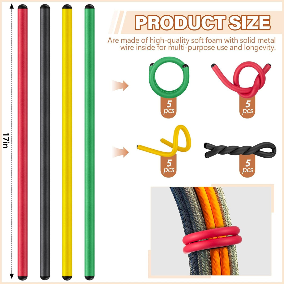 20 Pcs 17 Inch EVA Foam Twist Rubber Ties Reusable Bendable Cable Tie Straps Flexible Heavy Duty