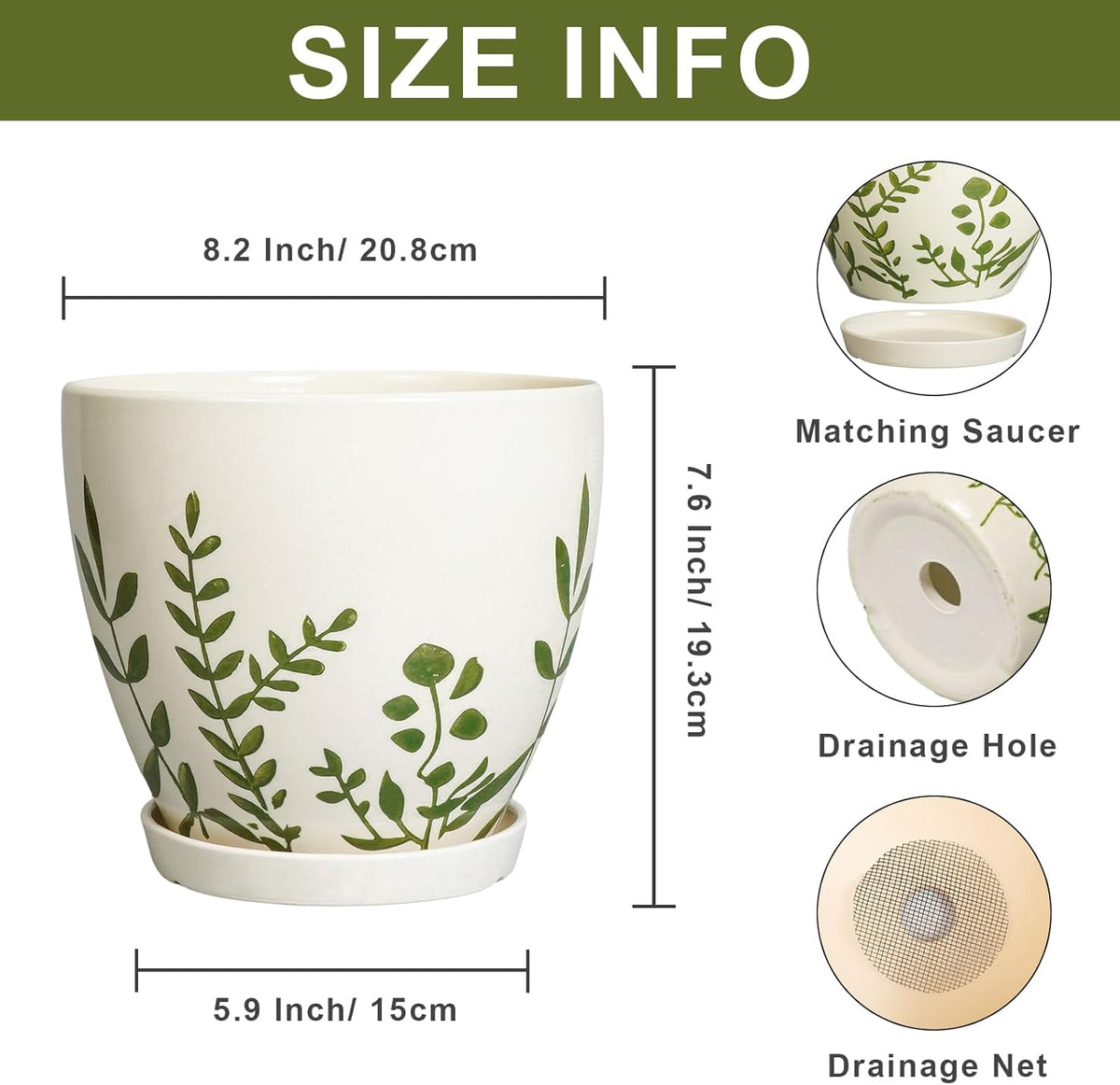 Ceramic Pot for Plants 8.2 Inch - Indoor Plant Pot with Drainage Hole and Saucer, Decorative Boho