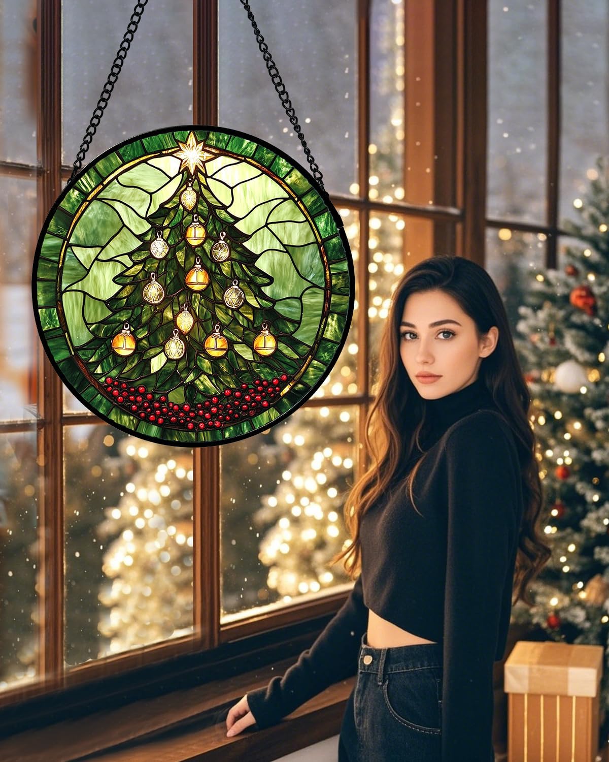Stained Glass Window Hanging - Green Christmas Tree Golden Bells Suncatcher for Doors Home