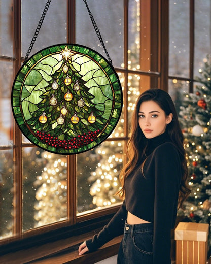 Stained Glass Window Hanging - Green Christmas Tree Golden Bells Suncatcher for Doors Home