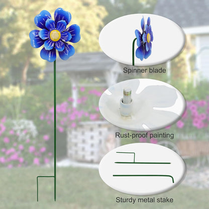 Metal Flower Wind Spinner Garden Lawn Stakes Yard Art, 27 Inch Windmill Outdoor Garden Iron