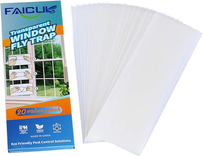 Faicuk 20-Pack Clear Window Fly Traps Sticky Flys Strip for Indoor Houseflies Nontoxic and
