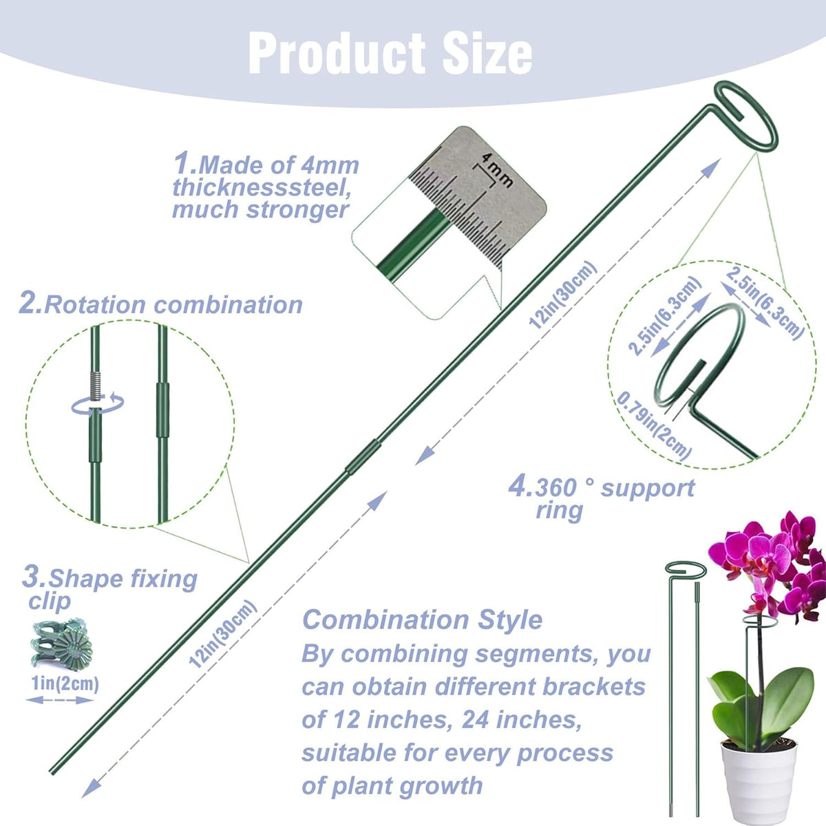 4.5mm Adjustable Length Plant Stake, Assembled (12 or 24 inch) Outdoor and Indoor Plant Support