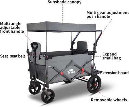 TMZ Collapsible Foldable Wagon Cart with Quick-Release Wheels and 2 Seats, Heavy Duty Wagon 265LBS