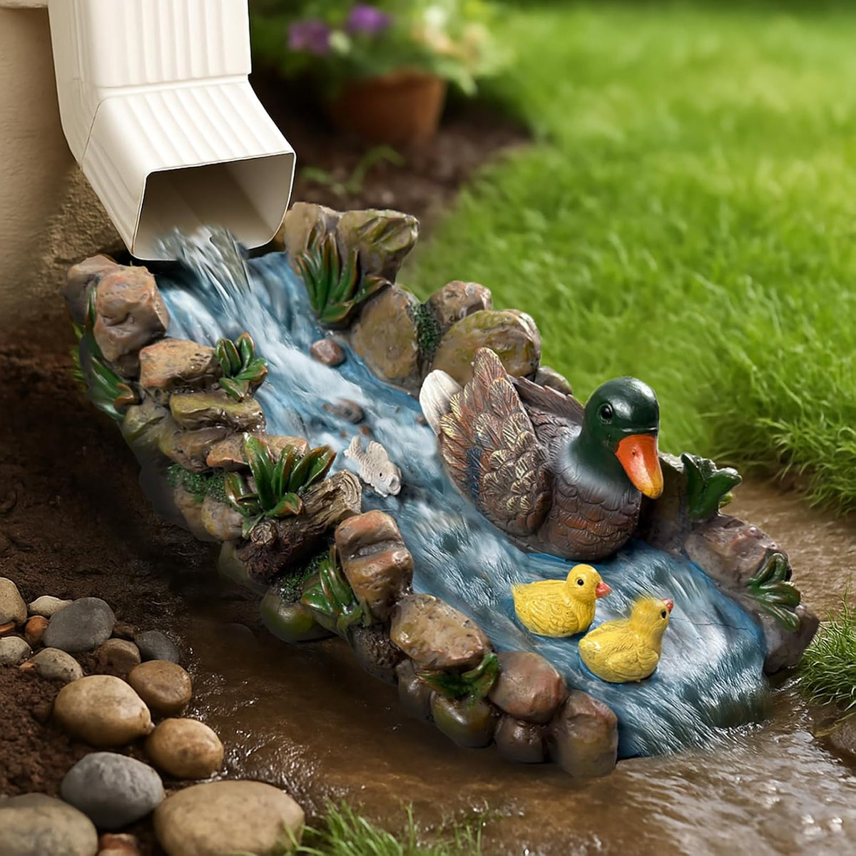 Ducks Splash Block - Decorative Resin Gutter Downspout Diverter, 13.3” x 6.3” x 5.9”, Durable Water