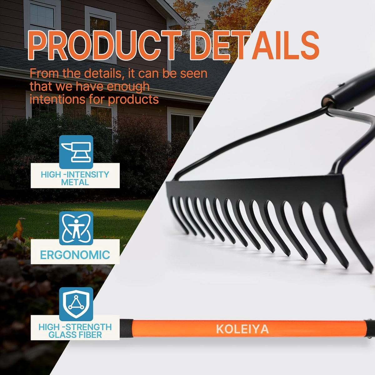 Garden Rake Heavy Duty, 14-Tine Bow Rake with 57" Fiberglass Handle, for Soil Leveling, Lawn Care