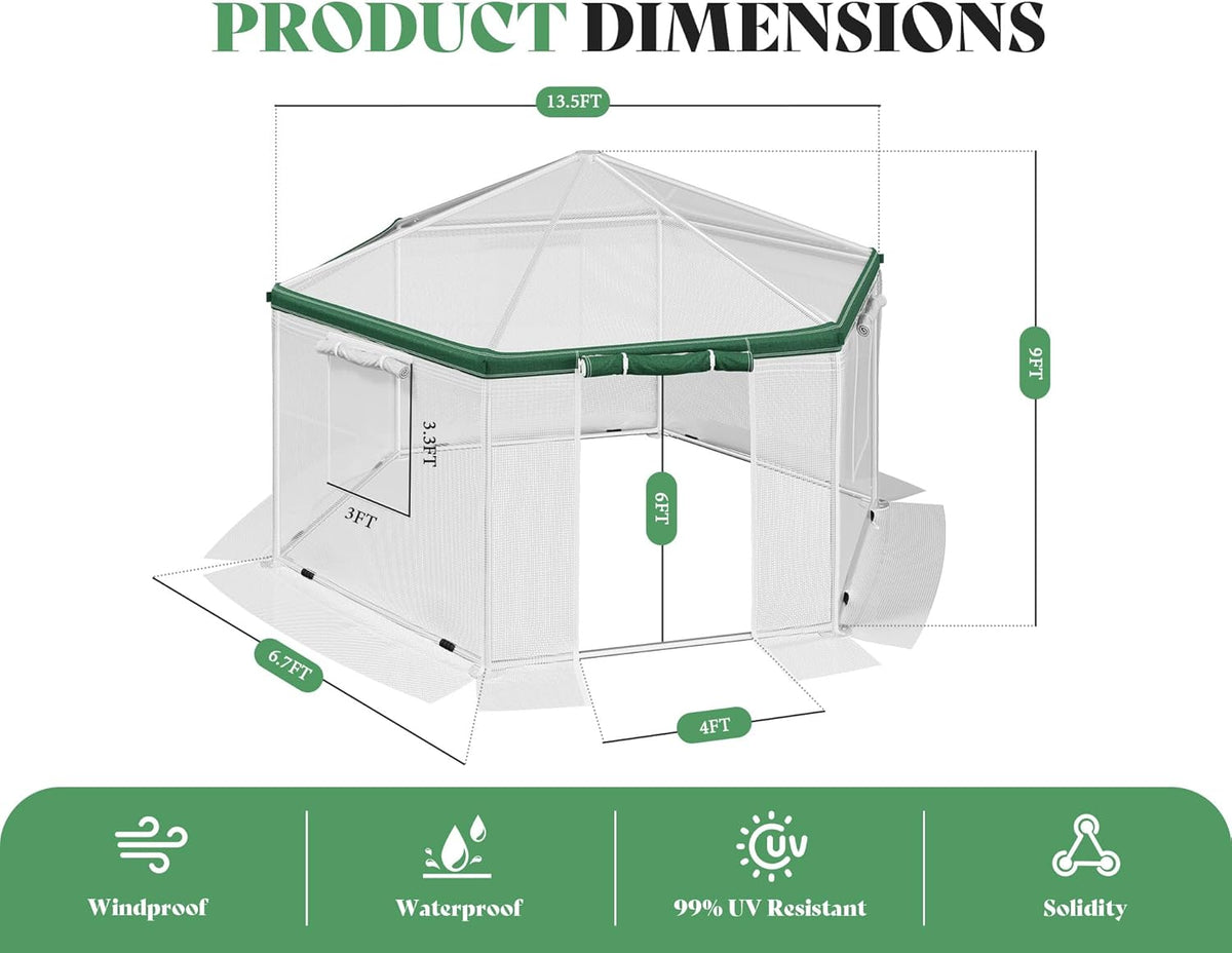 AMERLIFE 13.5x13.5x9 FT Hexagonal Walk-in Greenhouse for Outdoors, Heavy-Duty Greenhouse with