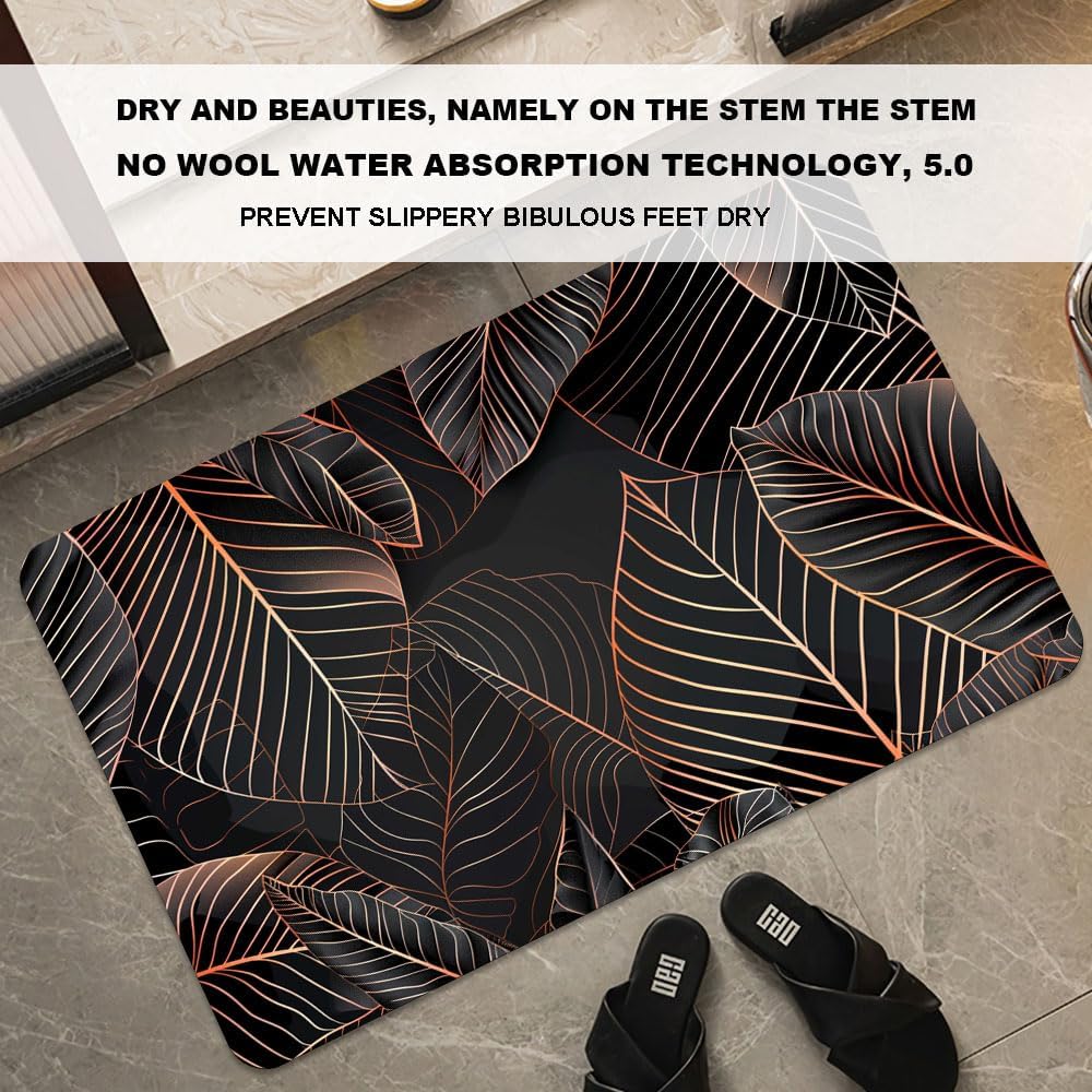 Bath Mat-Bathroom Rug，Black Rose Gold line Leaves-Absorbent Non Slip Quick Dry Stain Resistant Easy
