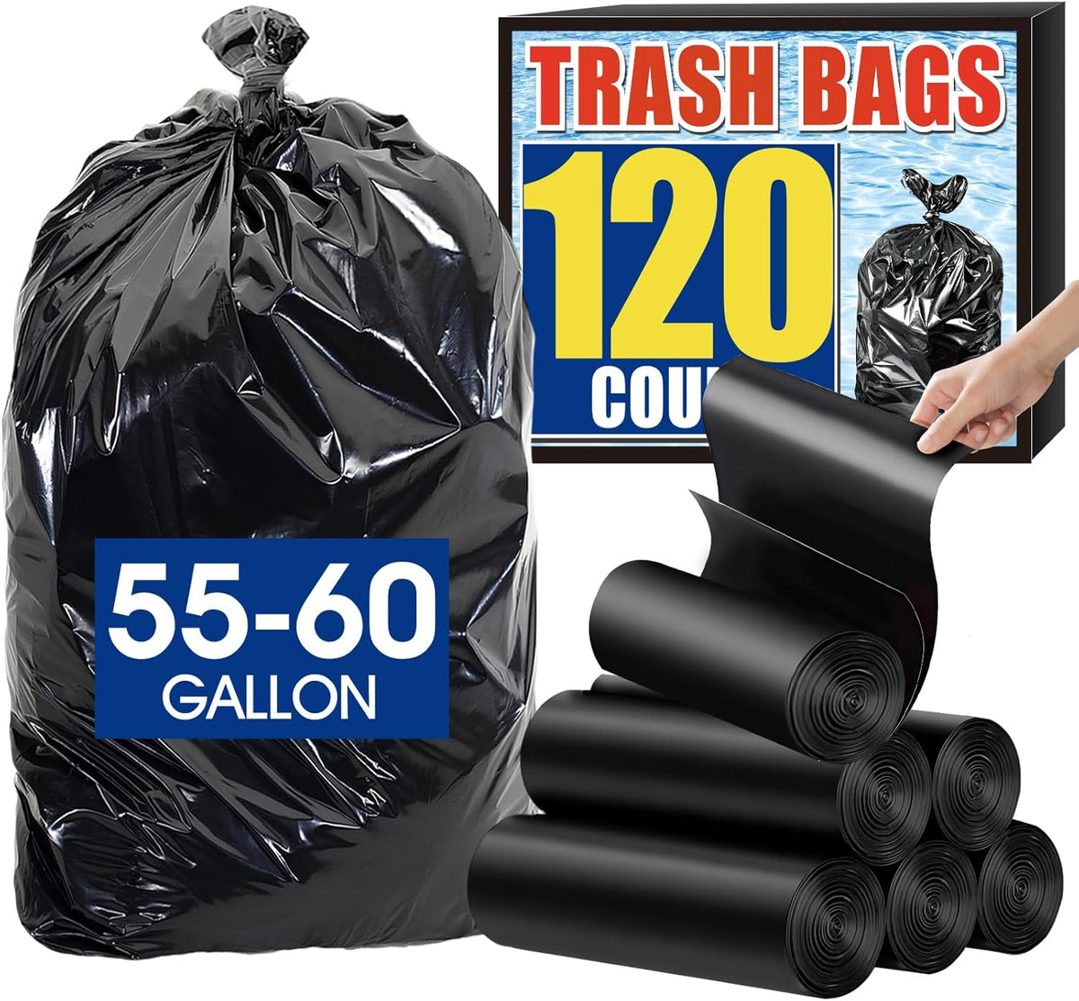 120 Count 55-60 Gallon Trash Bags, Tear-Free Large Black Garbage Bags for Kitchen, Office, Outdoor