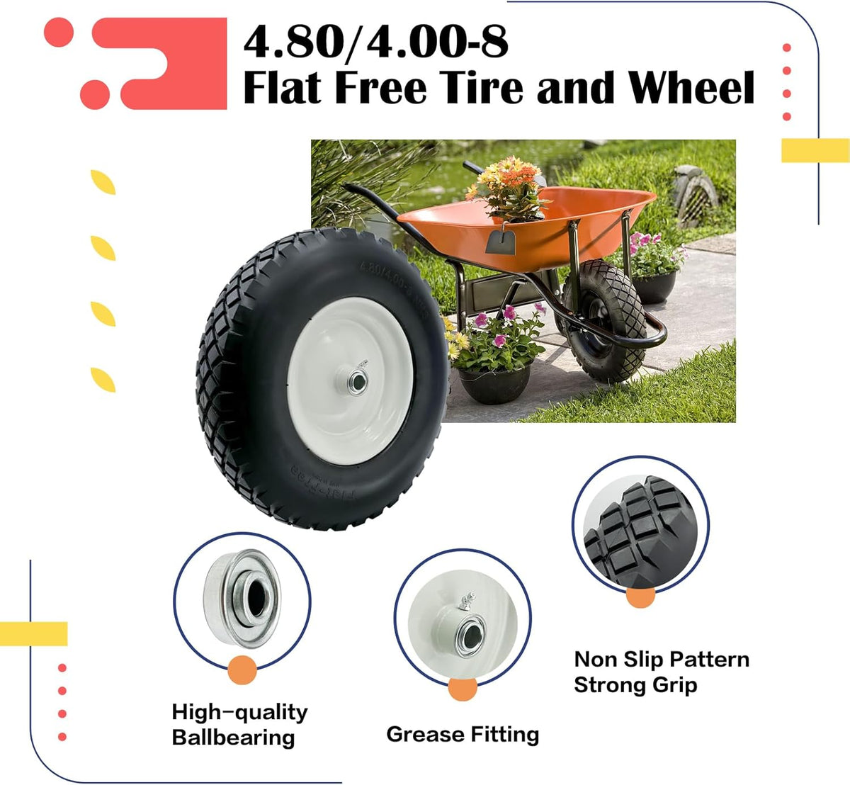 2-Pack 4.80-8 Wheelbarrow Tire and wheel with 3"-6''Centered Hub, 3/4" or 5/8''or 1/2'' Bearings