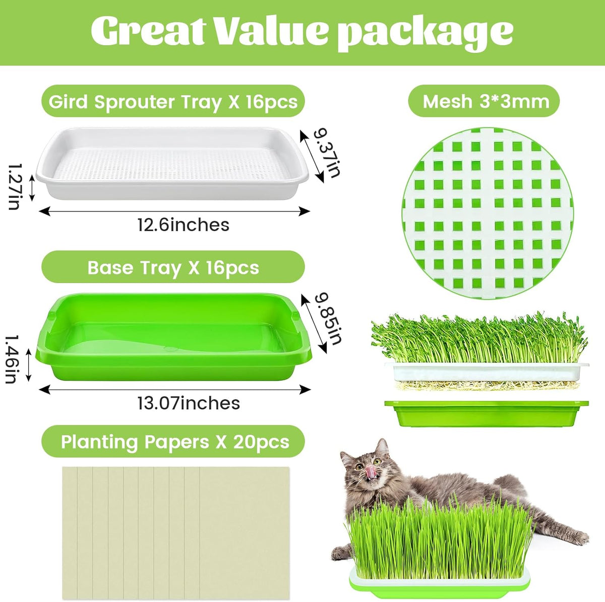 Legigo 16 Pack Green Seed Sprouter Trays- Soil-Free Cultivation Germination Tray, BPA Free Nursery