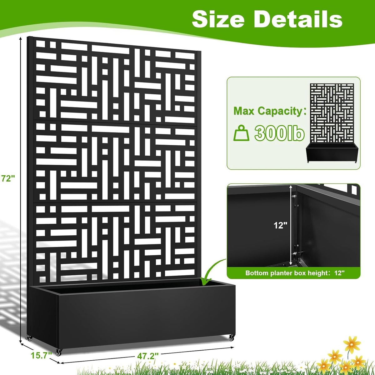 Metal Planter Box with Trellis, 72"x47"x16" Metal Raised Garden Bed with Trellis, Trellis Planter