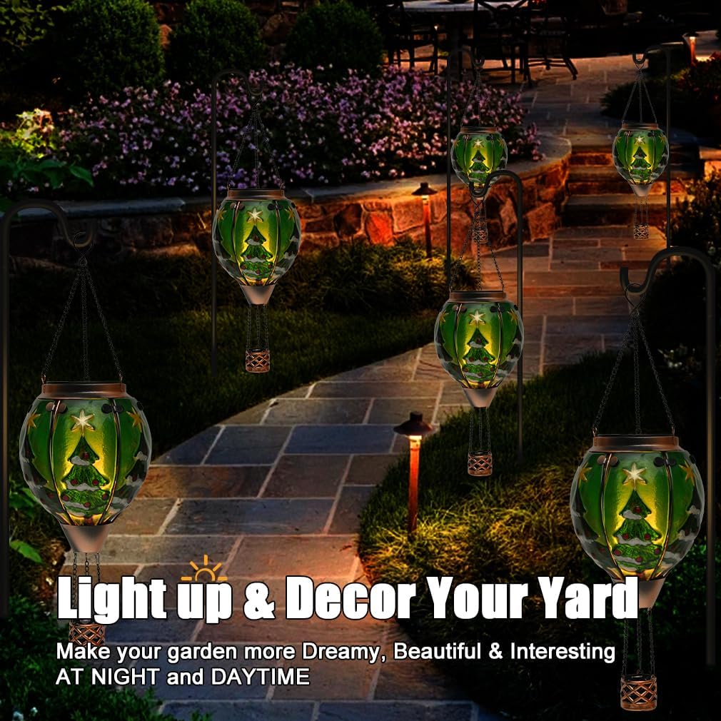 Solar Powered Hot Air Balloon Lantern - Christmas Tree Glass Lantern, Simulated Flickering &