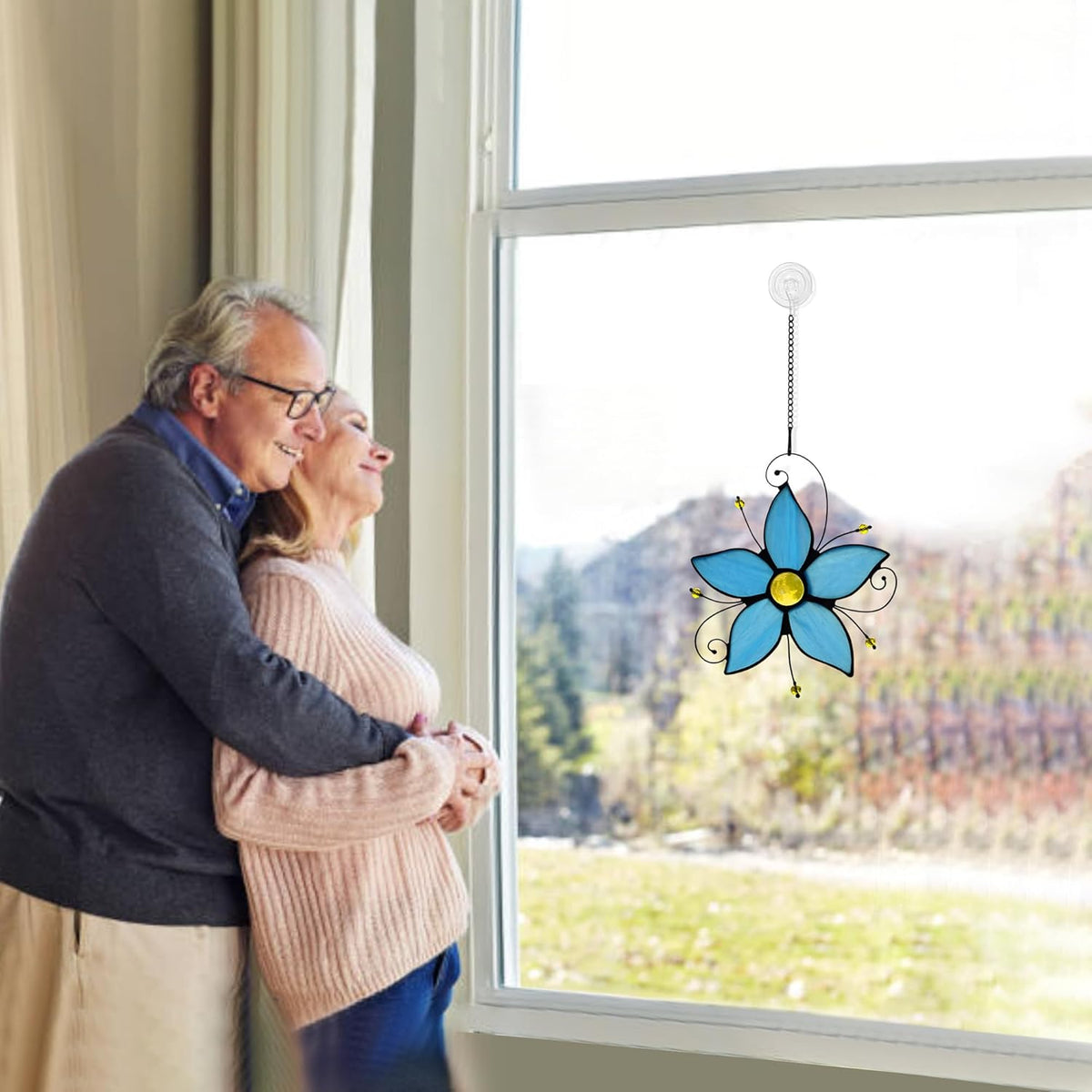 Stained Glass Window Hanging Flower Ornaments,Forget Me Not Blue Flower Suncatcher for Window, Home