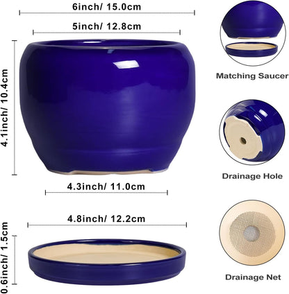 SQOWL Ceramic Planters for Indoor Plants - 6 Inch Plant Pot with Drainage Hole and Saucer, Round