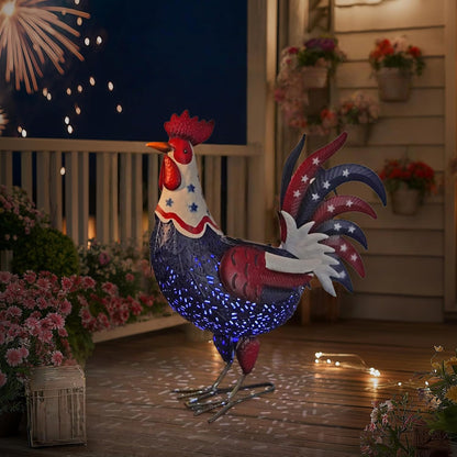 LIFFY Metal Rooster Yard Decor,18" Solar Powered Chicken Sculpture with Patriotic Flag