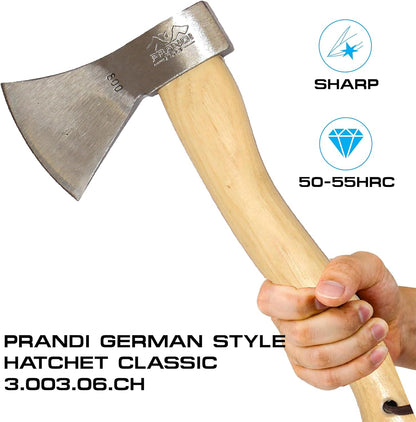 Prandi Axes German Style C45 Forged Carbon Steel Hatchet - Hickory Handle with Leather String