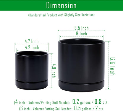 D'vine Dev 4.7 Inch & 6.5 Inch Ceramic Planter Pots for Plants with Drainage Hole and Saucer, Small