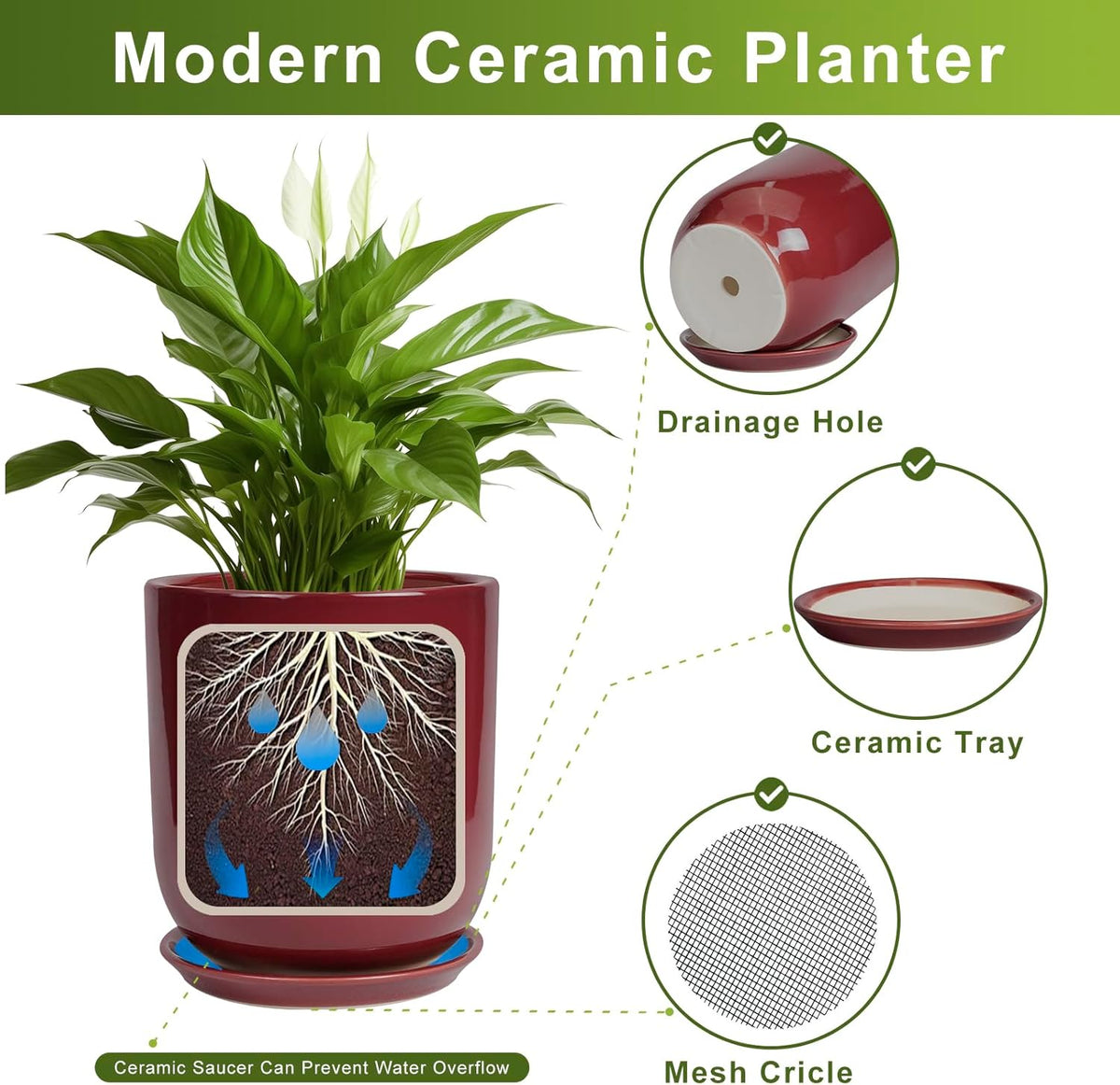 Ceramic Planter for Plants - 10 Inch Plant Pot Indoor with Drainage Hole and Saucer Modern Large