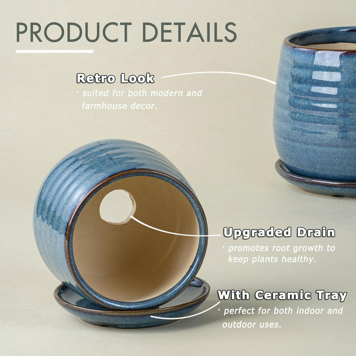 Ceramic Plant Pots with Drainage Holes and Saucers, Indoor Flower Pots for Plants Set of 3