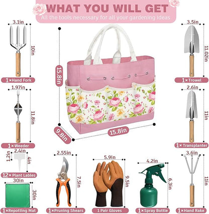 22PCS Garden Tools Set for Women,Heavy Duty Hand Tool Kit Included Handy Tote Bag/Trowel/Repotting