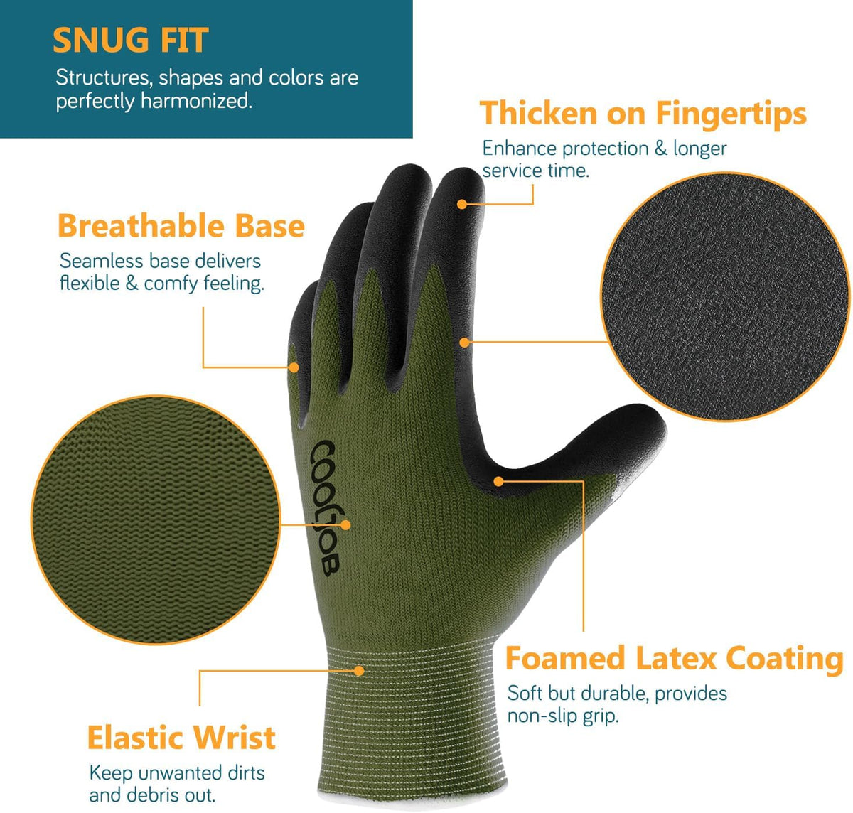 COOLJOB Gardening Gloves for Men, 2 Pairs Breathable Rubber Coated Garden Gloves for Weeding