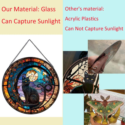 Black Cat Stained Glass Window Hangings,Suncatcher Stained Glass for Windows for Cat