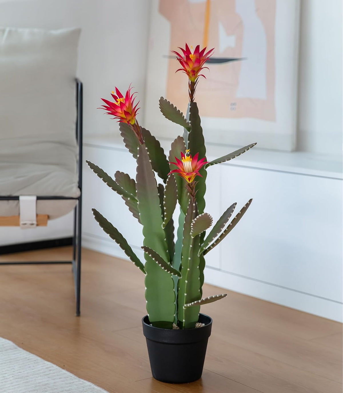33 Inch Large Artificial Cactus with Magenta Flowers in Pot with Natural Gravel. Satin Finish