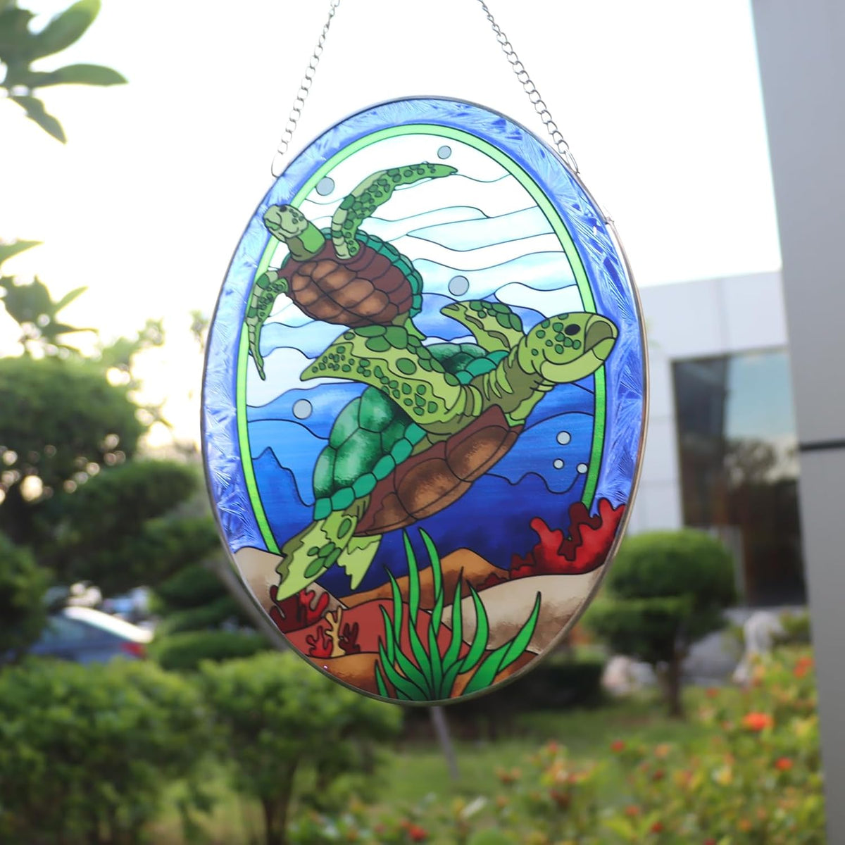Hanging Ornament, Sea Turtle Stained Glass Window Hangings Suncatcher, 10 inches, Multicolored