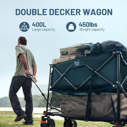 TIMBER RIDGE 400L Large Capacity Folding Double Decker Wagon with Brakes, 54" Extra Long Extender