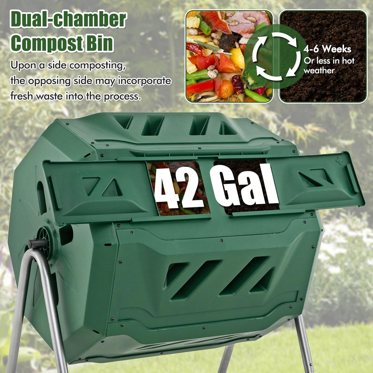 Goplus Compost Tumbler, 43 Gallon Rotating Compost Bin Barrel, Dual Chamber Tumbling Composter with