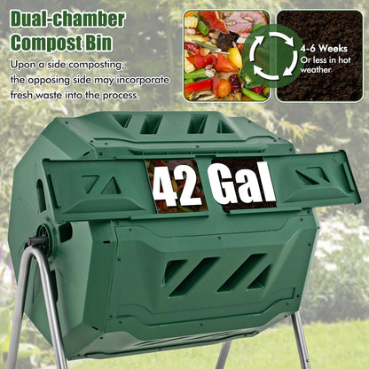 Goplus Compost Tumbler, 43 Gallon Rotating Compost Bin Barrel, Dual Chamber Tumbling Composter with
