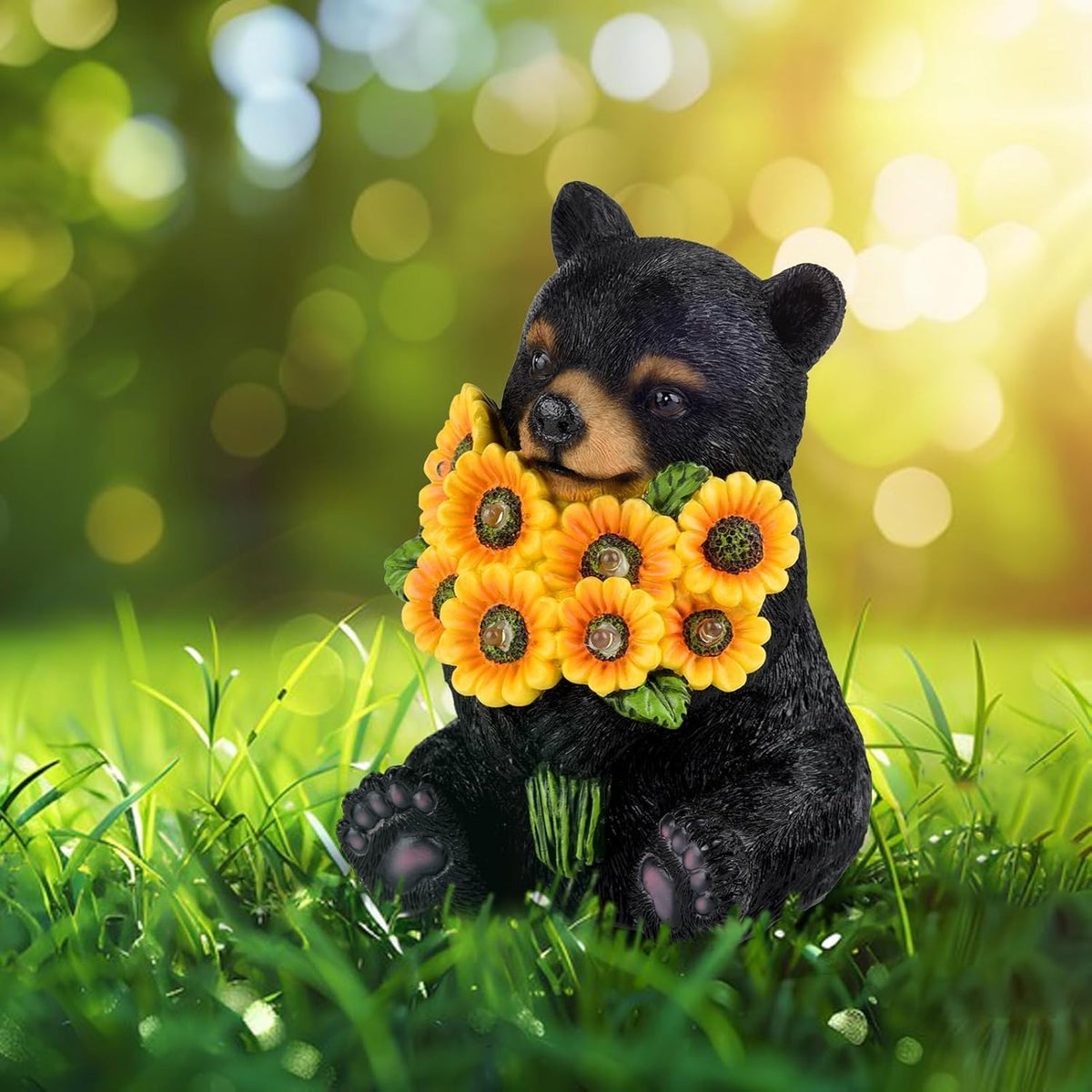 ILLUMINEW Solar Garden Lights Outdoor Statues Black Bear with Sunflowers, Sculpture Decor Mother