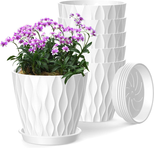 6 Inch Plant Pots, 6 Pack Indoor Flower Pots, Planters with Drainage Holes and Trays for Orchids