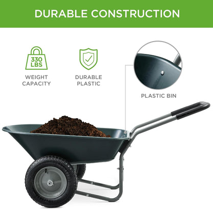 Best Choice Products Dual-Wheel Home Utility Yard Wheelbarrow Garden Cart w/Built-in Stand for