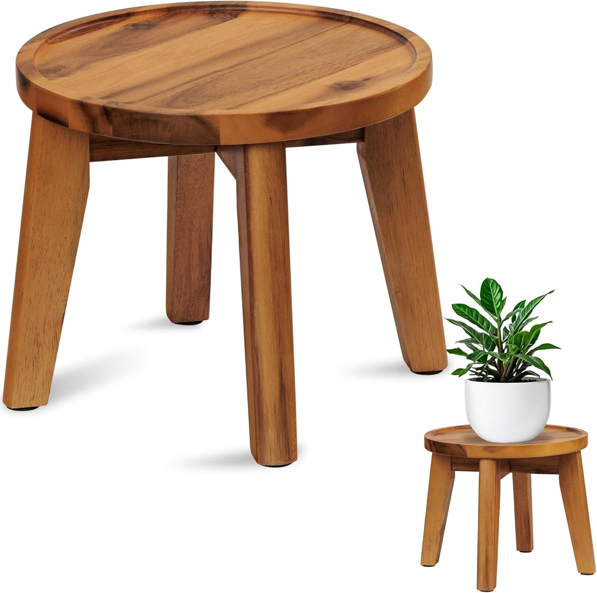 Demigo Indoor Plant Stand, Acacia Wooden Decorative Plant Shelf with Spill-Proof Tray, Stable 8”