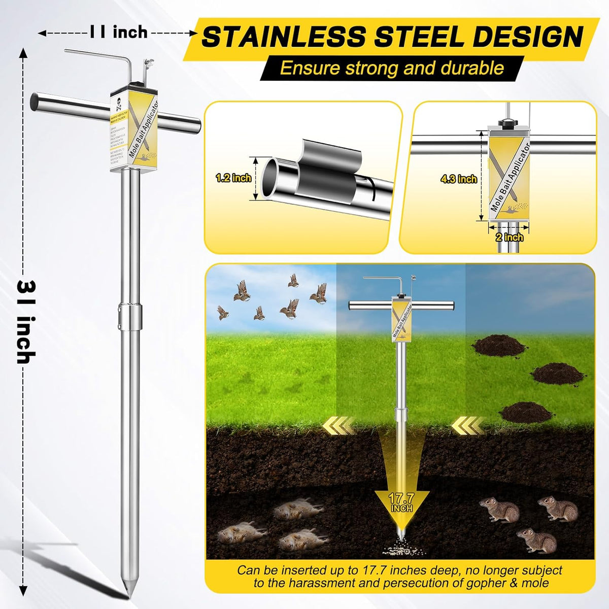 Gopher & Mole Bait Applicator, Stainless Steel Gopher/Mole/Vole Killer, Durable and Removable