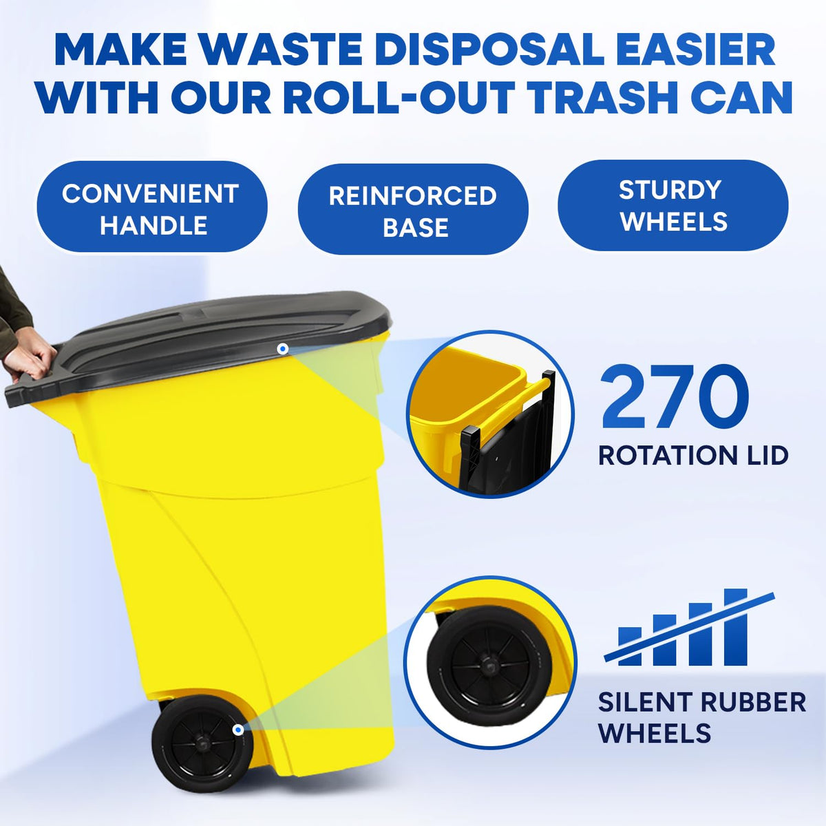 50 Gallon Trash Can, Yellow Outdoor Garbage Can, Large Outside Trash Bin, Rolling Commercial