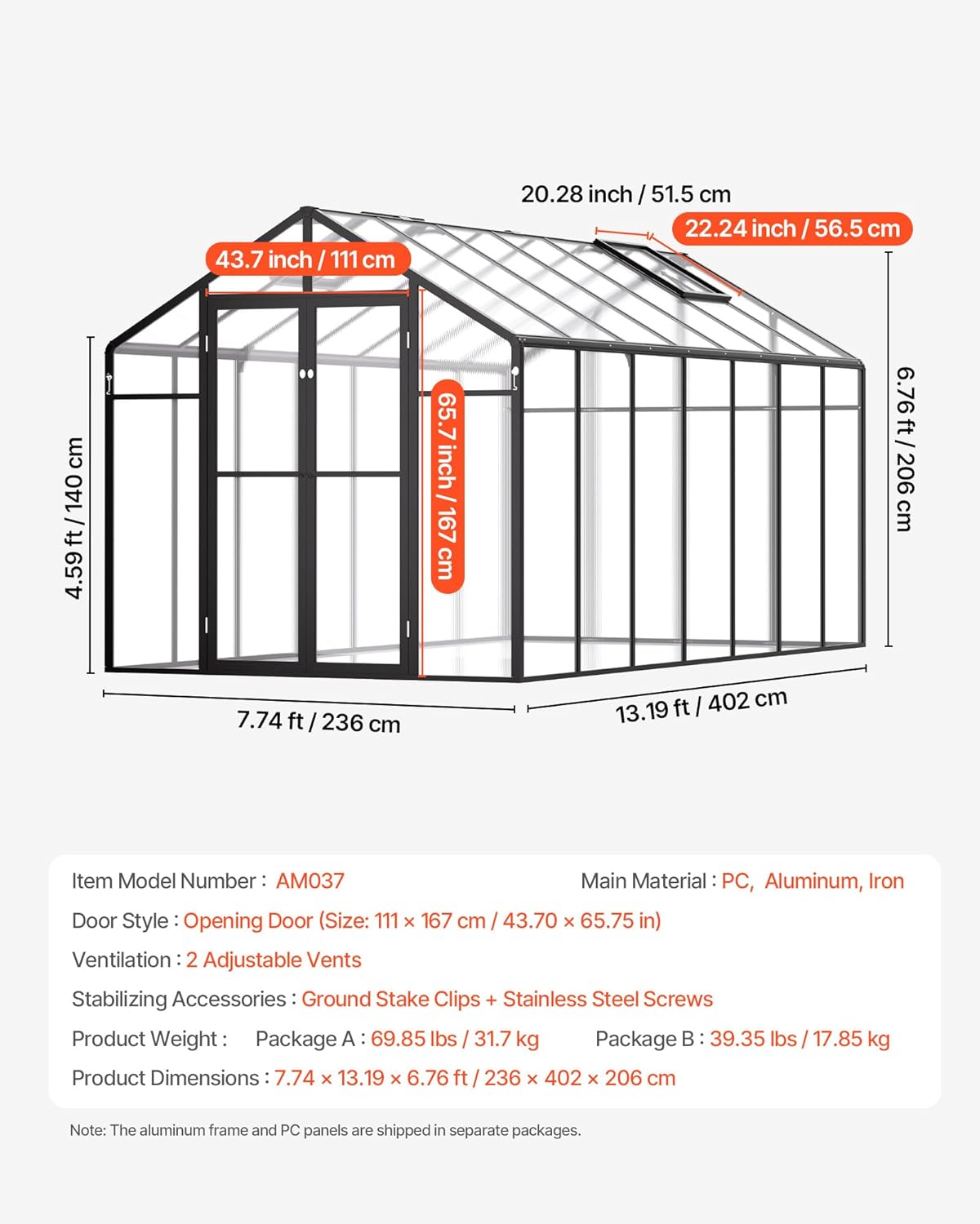 VEVOR Polycarbonate Greenhouse, 8 x 12 Ft, Outdoor Greenhouse with 2 Vent Windows, Pavilion Styled