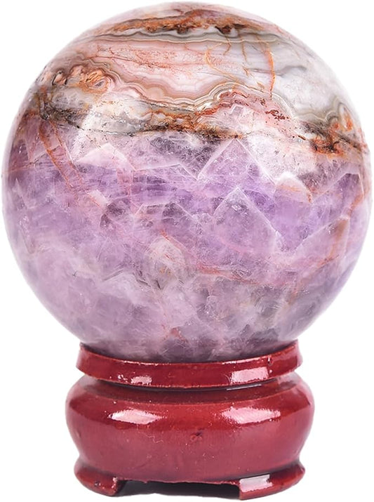 JIC Gem Natural Amethyst Agate Crystal Sphere Ball Purple Crystal Decorative Ball with Wooden Stand