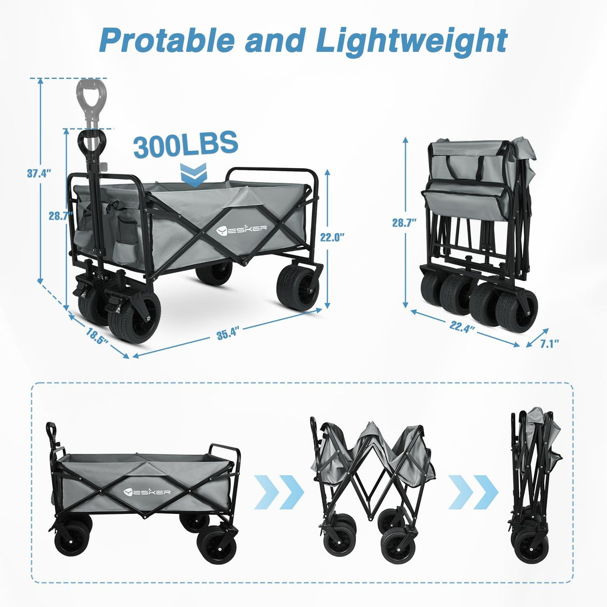 Yesker Foldable Wagon - 300lbs Collapsible Garden Carts with All Terrain Wheels for Outdoor Camping