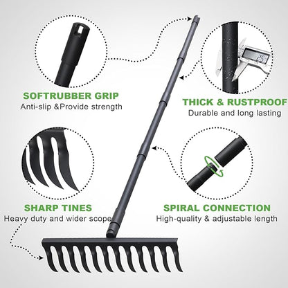 Pragmatist Bow Rake Heavy Duty 60" Metal Head Garden Rake with Adjustable Stainless Steel Handle