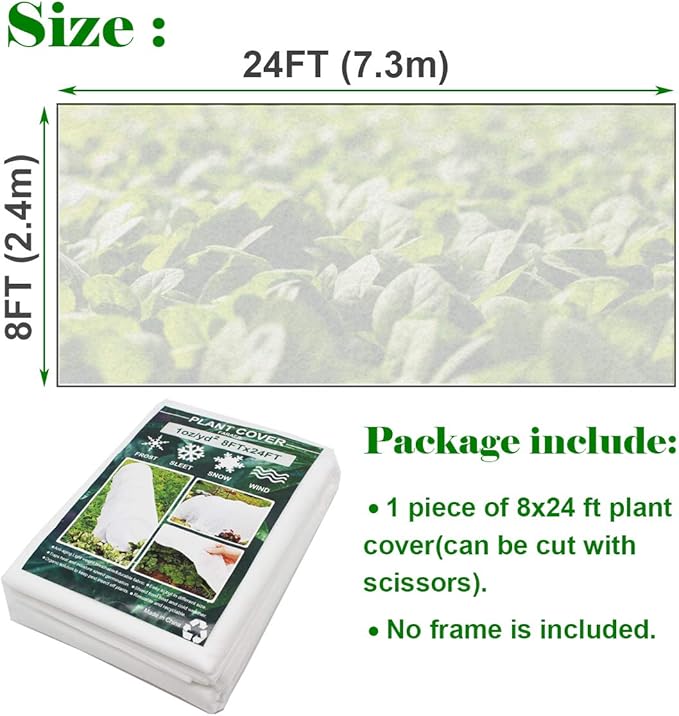 Plant Covers, 8Ft x 24Ft Reusable Floating Row Cover, 1oz Freeze Protection Plant Blankets for Cold