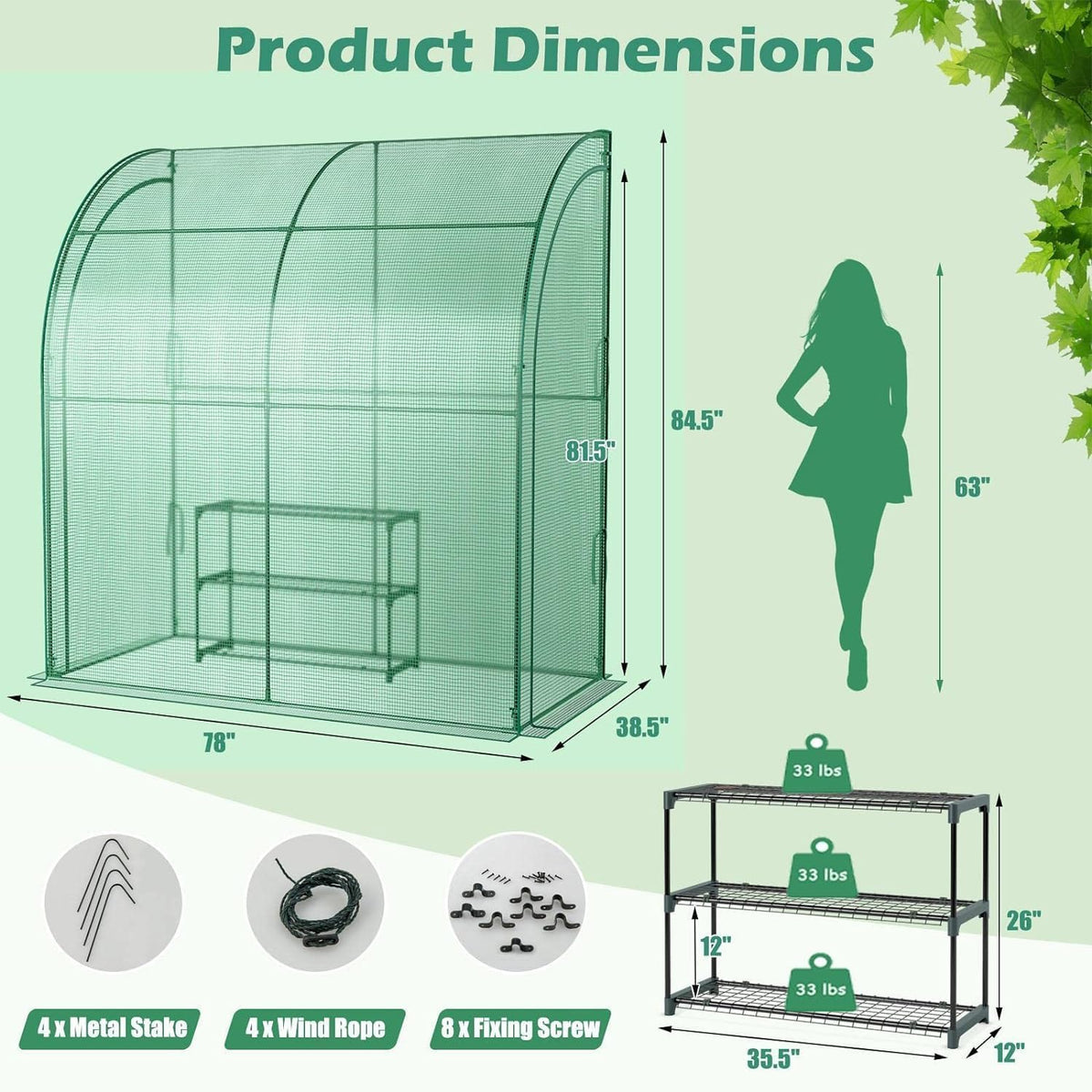Happygrill Walk-in Greenhouse with 3-Tier Flower Rack, Weatherproof PE Cover & Roll-up Zipper