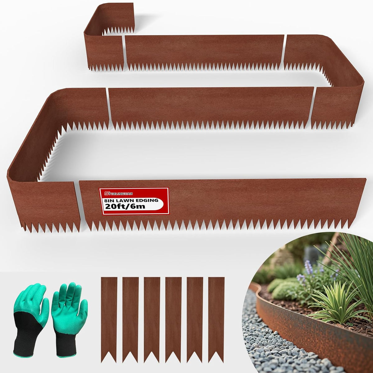 20ft. 6-Pack Cor-Ten Steel Landscape Edging - 40" L x 8" H Lawn Edging with 6 Stakes, Hammer-in